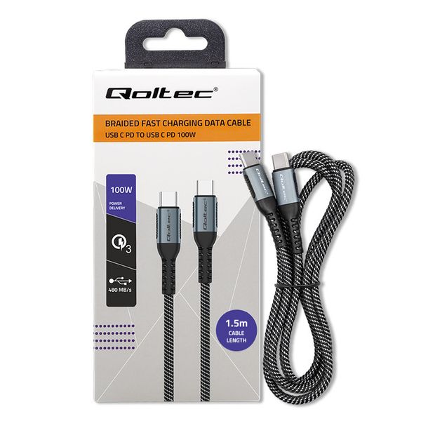 Qoltec Kabel USB 2.0 typ C USB 2.0 typ C 100W QC 3.0 PD 1.5m Czarny zdjęcie 1
