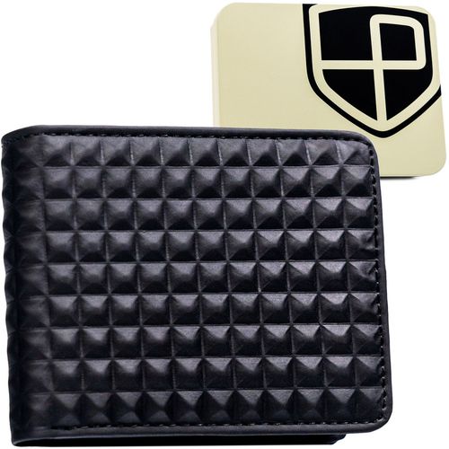 czarny portfel męski z modnym, geometrycznym wzorem, bez zapięcia na Arena.pl