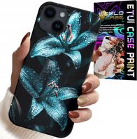 ETUI DO IPHONE 14 PLUS - TURKUSOWE LILIE KWIATY OBUDOWA + SZKŁO