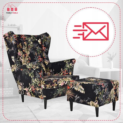 Fotel uszak ARI PRINT z podnóżkiem, skandynawski Family Meble welurowy na Arena.pl