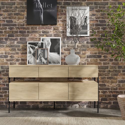 Komoda DRAGONFLY 150 cm 3D3S dąb cremona szuflady czarne metalowe nóżki na Arena.pl