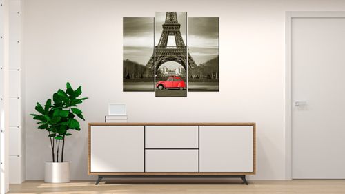 Obraz 90X80 Czerwone Auto Przed Wieżą Eiffla na Arena.pl