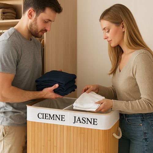 KOSZ BAMBUSOWY NA PRANIE BIELIZNĘ ZAMYKANY DWUKOMOROWY POJEMNIK WĄSKI 100L na Arena.pl