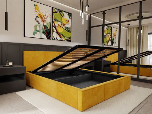 ŁÓŻKO TAPICEROWANE DO SYPIALNI 120x200 ŁÓŻKO PODWÓJNE Z POJEMNIKIEM ŻÓŁTE na Arena.pl