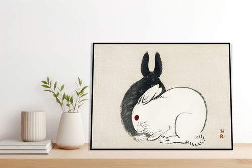 Plakat 20x15cm Black and White Rabbits, Gakan Japoński Vintage do Salonu na Arena.pl