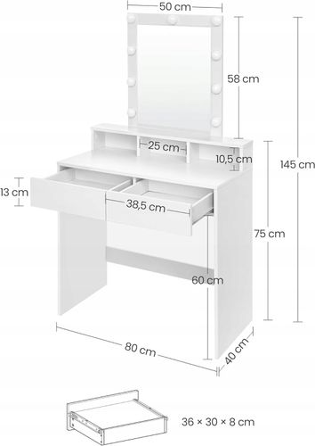 TOALETKA DO MAKIJAŻU WIZAŻU KOSMETYCZNA LOFT Z LUSTREM LED NOWOCZESNA 80 CM na Arena.pl