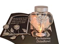 DZIADEK SOLARNY ZNICZ LAMPION NA GRÓB SERCE SZKŁO SREBRO SKOS SENTENCJA
