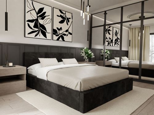 ŁÓŻKO TAPICEROWANE DO SYPIALNI 140x200 ŁÓŻKO PODWÓJNE Z POJEMNIKIEM CZARNE na Arena.pl