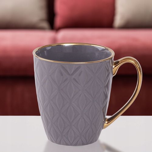 PORCELANOWY KUBEK NA KAWĘ HERBATĘ SZARY ZDOBIONY ZE ZŁOTYM UCHEM 360ML na Arena.pl