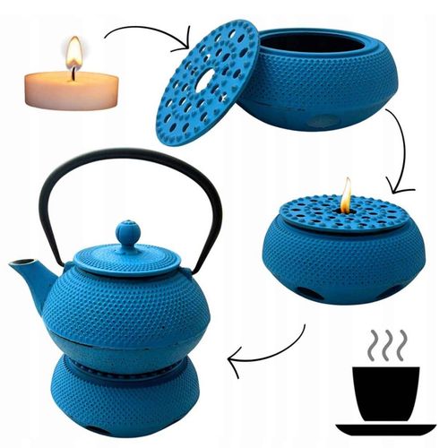 zaparzacz żeliwny dzbanek niebieski 900ml z podgrzewaczem i filiżankam na Arena.pl