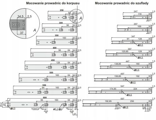 Prowadnica kulkowa Sevroll 500 Pełny Wysuw l-500 h45 Miękki Cichy na Arena.pl