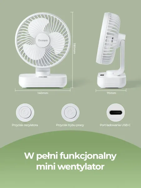 Wentylator stołowy Ocoopa D606Y white akumulator USB oscylator zdjęcie 6