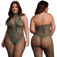 Zieone koronkowe bodystocking z otwartym krokiem PlusSize LeDésir 26 XL/4XL