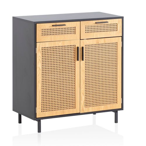 Komoda czarna do salonu z wiklinowym frontem szuflady półki na Arena.pl