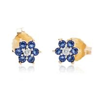 kolczyki kwiatki żółte złoto z szafirami i diamentami