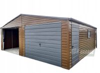 GARAŻ BLASZANY 7m x 6m poziom - dwuspad - 2x Brama + drzwi + 2x okno - drewnopodobny + antracyt BOX39 7x6