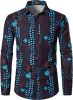 Koszula męska afrykańskie wzory lniana retro granatowa elegancka dł. S