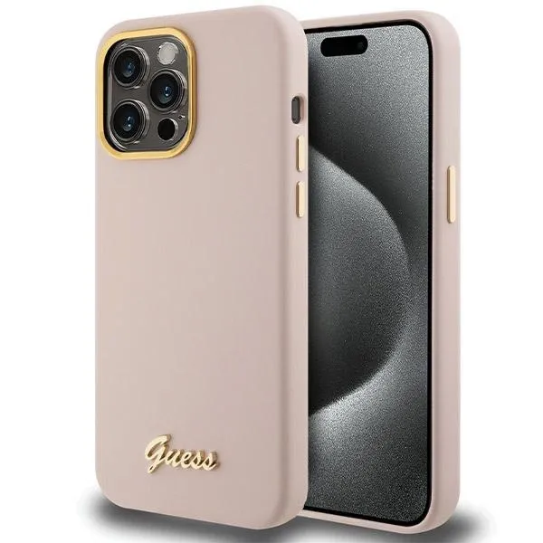 Etui Guess Silicone Script Metal Logo & Frame na iPhone 15 Pro Max - różowe zdjęcie 1