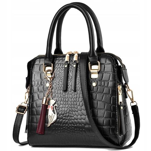 TOREBKA Damska CZARNA EKO Skóra Krokodyla Usztywniana Elegancka Brelok Kot na Arena.pl