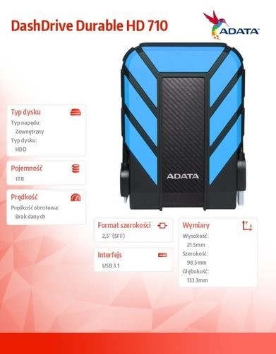 Adata DashDrive Durable HD710 1TB 2.5'' USB3.1 Niebieski na Arena.pl