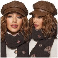 KASZKIET DAMSKI czapka damska z daszkiem beret baker skórzana eko brązowa