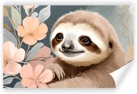 Fototapeta PREMIUM STRUKTURA ZMYWALANA dla dzieci leniwiec kwiaty akwarela