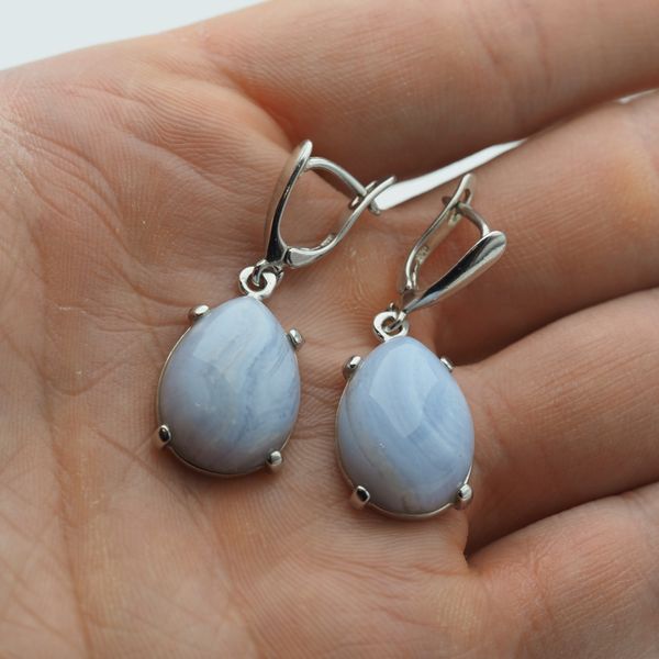 Srebrne kolczyki z Chalcedonem (Blue Lace Agate) – srebro rodowane zdjęcie 4