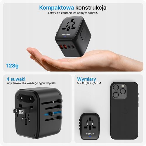 Wtyczka światowa VOOMY - 170+ krajów, 20W, 2 USB-C & 2 USB-A, Czarna na Arena.pl