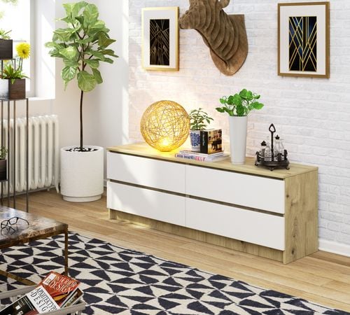 Komoda K 160 cm 4 szuflady - dąb artisan-biała na Arena.pl