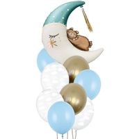 Zestaw balonów na roczek baby shower Miś na księżycu, niebieski