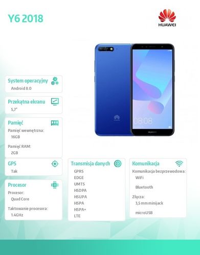 Huawei Smartfon Y6 2018 Dual SIM Niebieski na Arena.pl