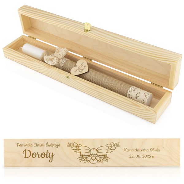 ZDOBIONA ŚWIECA do chrztu w drewnianym PUDEŁKU Z GRAWEREM pamiątka chrztu zdjęcie 1