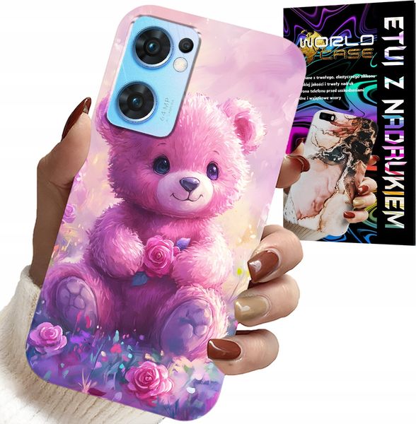 ETUI DO OPPO RENO7 5G - SŁODKI MIŚ NA RÓŻOWYM TLE, CASE + SZKŁO zdjęcie 1