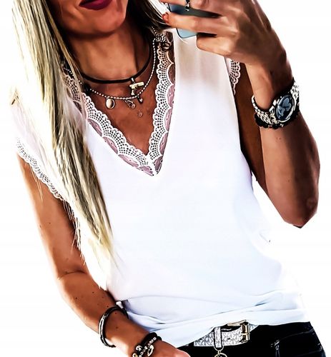 . BIAŁA BLUZKA POD ŻAKIET ELEGANCKA Z KORONKĄ TOP na Arena.pl