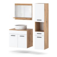 Zestaw Łazienkowy 90cm Szafka Słupek Umywalka Z Lustrem Dąb Wotan Biały