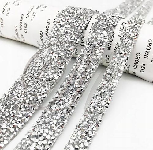 TAŚMA TERMO 1m ozdobna cyrkonie hotfix termoprzylepna cyrkoniami srebrna na Arena.pl