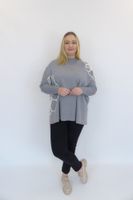 Popielaty Oversizowy Sweter Damski w Kwiaty ze Stójką UNI