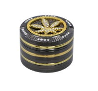 Czarny Młynek do Tytoniu Grinder Metalowy z Złoto-Srebrnym Listkiem Marychy