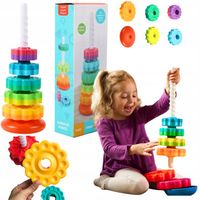 WIEŻA PIRAMIDA KOŁA ZEBATE SPIRALA DO UKŁADANIA TĘCZOWA DUŻA ZABAWKA DZIECI
