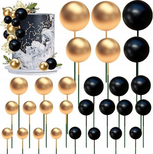 DEKORACJA TOPER TOPPER NA TORT ZŁOTE CZARNE KULE MIX NA PIKU ZESTAW 50 szt na Arena.pl