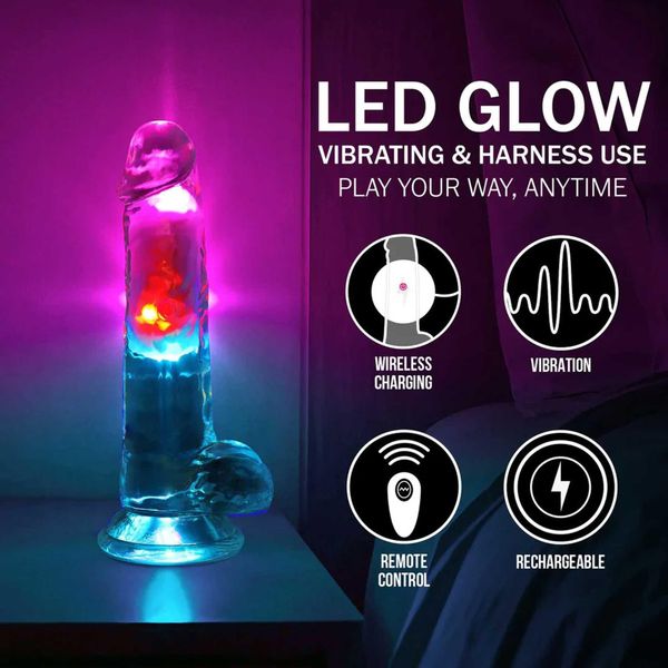Led Vibrating Straight Cock With Balls - 7" / 18 Cm - Transparent zdjęcie 7