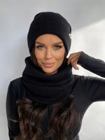 KOMPLET DAMSKI CZAPKA KOMIN GOLF DUŻY ZESTAW CIEPŁY ZIMOWY WEŁNA CZARNY