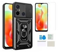 Etui pancerne do XIAOMI REDMI 12C Slide Ring czarny + folia ochronna TPU