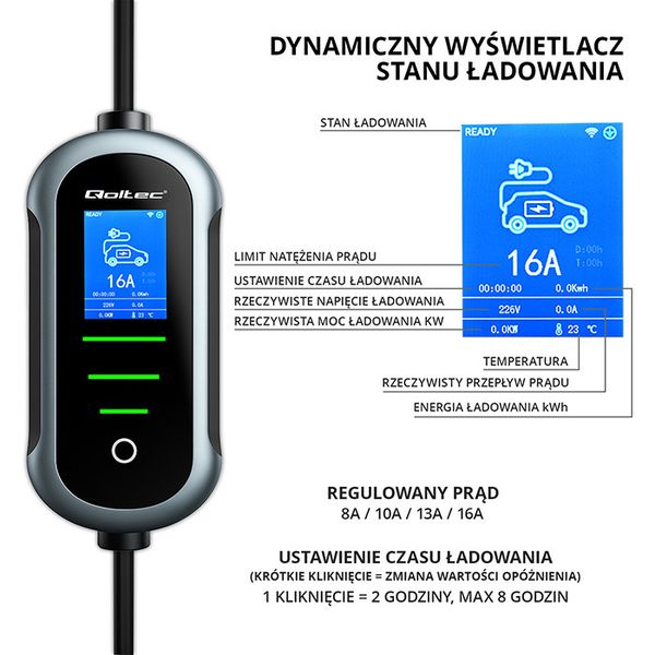 Qoltec Mobilna Ładowarka EV 3.5kW Typ2 Wi-Fi LCD 5m zdjęcie 2