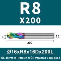 Frez kulowy, kula 2-ostrzowy VHM powłoka DLC Rozmiar: Ø16.0xR8x16Dx200L