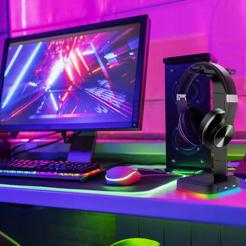 STOJAK STATYW UCHWYT NA SŁUCHAWKI GAMINGOWY PODOŚWIETLENIE RGB HUB + 2X USB na Arena.pl