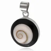 ELEGANCKI OKRĄGŁY SREBRNY WISIOREK CZARNA MASA JUBILERSKA MUSZLA MUSZELKA