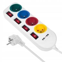 Listwa zasilająca Maclean, przedłużacz 4 gniazda + 2xUSB, z włącznikami, 25