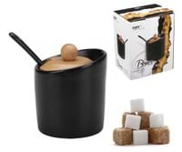 Cukiernica ceramiczna z łyżeczką BONA mała czarna matowa pokrywka z drewna