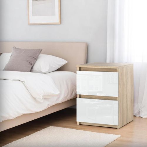 Szafka Nocna 2 Szuflady Stolik Nakastlik Do Sypialni Sonoma Biały Połysk na Arena.pl